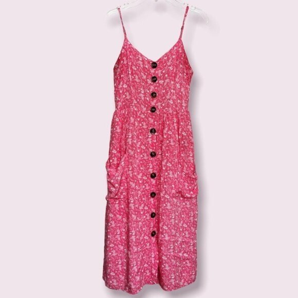 Japna Midi Dress Pink Floral Button Front Peasant Smocked Womens Size Small - Picture 1 of 6